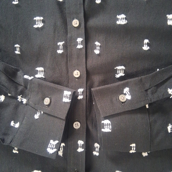 LOFT Black Button-Up Long Sleeve Shirt White Embroidery Accents Preppy Boho Sz L - Picture 9 of 15